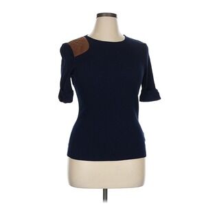LAUREN RALPH LAUREN Womens Navy Blue Faux‎ Suede Shoulder Patch Knit Top XL
